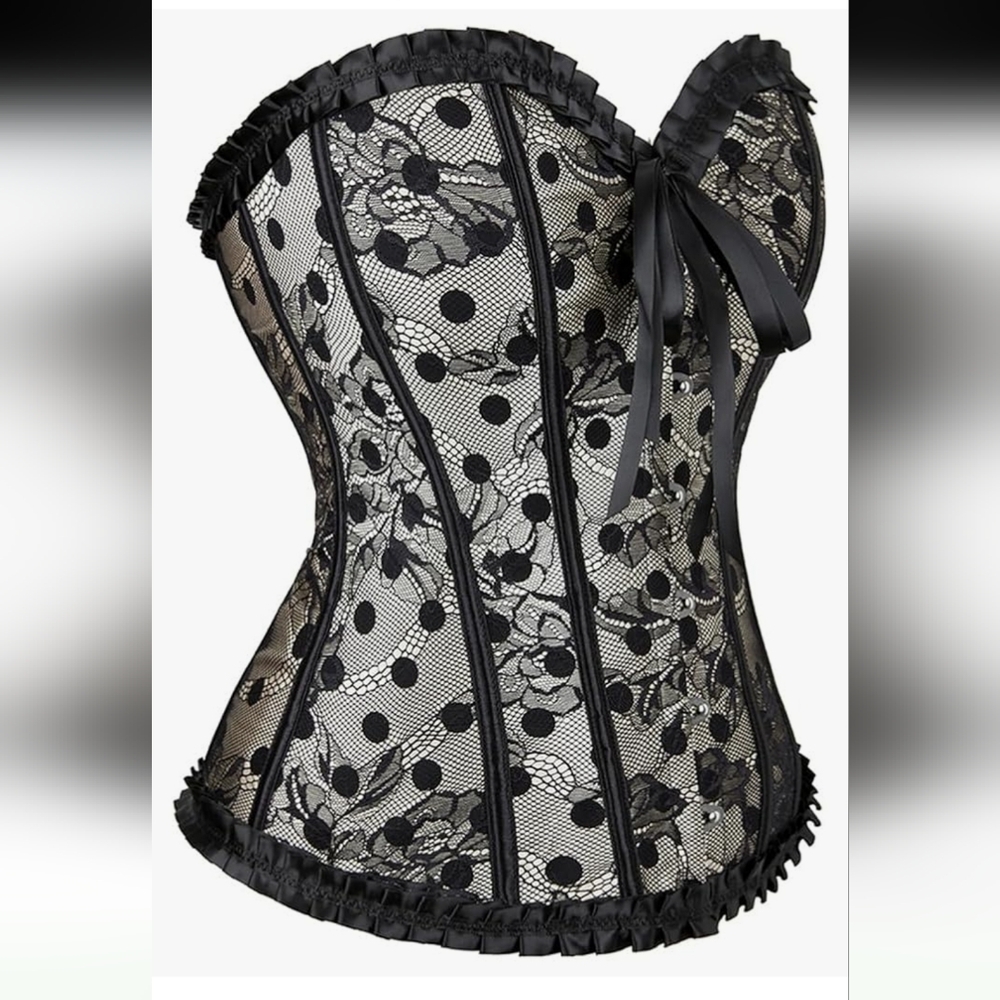 Elegant Black Polka Dot Lace Corset Bustier Shapewear. Size 4XL. - Picture 4 of 9